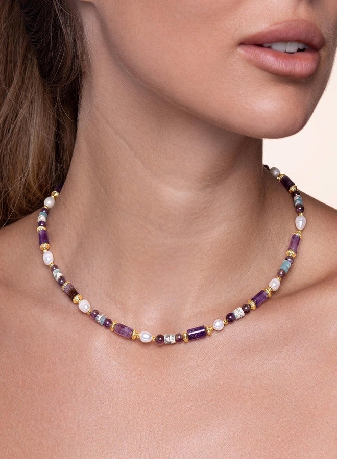 SNGIA Purple Gold Teal Blue Pearl Amethyst Beaded Natural Stone Healing Statement Necklace Choker for Women by SNGIA, Colorful Quartz Trendy Birthstone Gemstone Bohemian Preppy Retro Bold Handmade Exaggerated Jewelry Gifts, Vintage Unique Cute Baroque Dangly Drop Summer Beach Fashion Nickle Free Rhinestone Accessories - Image 4